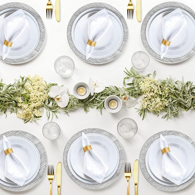 Jucoan 12 Pack Silver Charger Plates, 13 Inch Round Plastic Charger Plates, Decorative Silver Strip Plate Chargers for Dinner Plate, Wedding Thanksgiving Christmas Party Table Decor, Shiny Texture