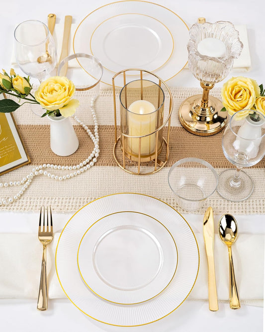Hioasis 60pcs White and Gold Plastic Plates - White Disposable Dinnerware Set, 30pcs Dinner 10.25in & 30pcs Dessert 7.5in Plates with Striped Designs for Party & Thanksgiving