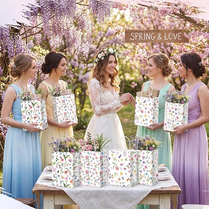Gilprop 24 Pcs Wildflower Paper Gift Bags Spring Floral Candy Goodie Treat Bags Easter Flower Party Favor Bag with Handle for Mother's Day Birthday Party Bridal Shower Wedding Gift Wrapping Supplies