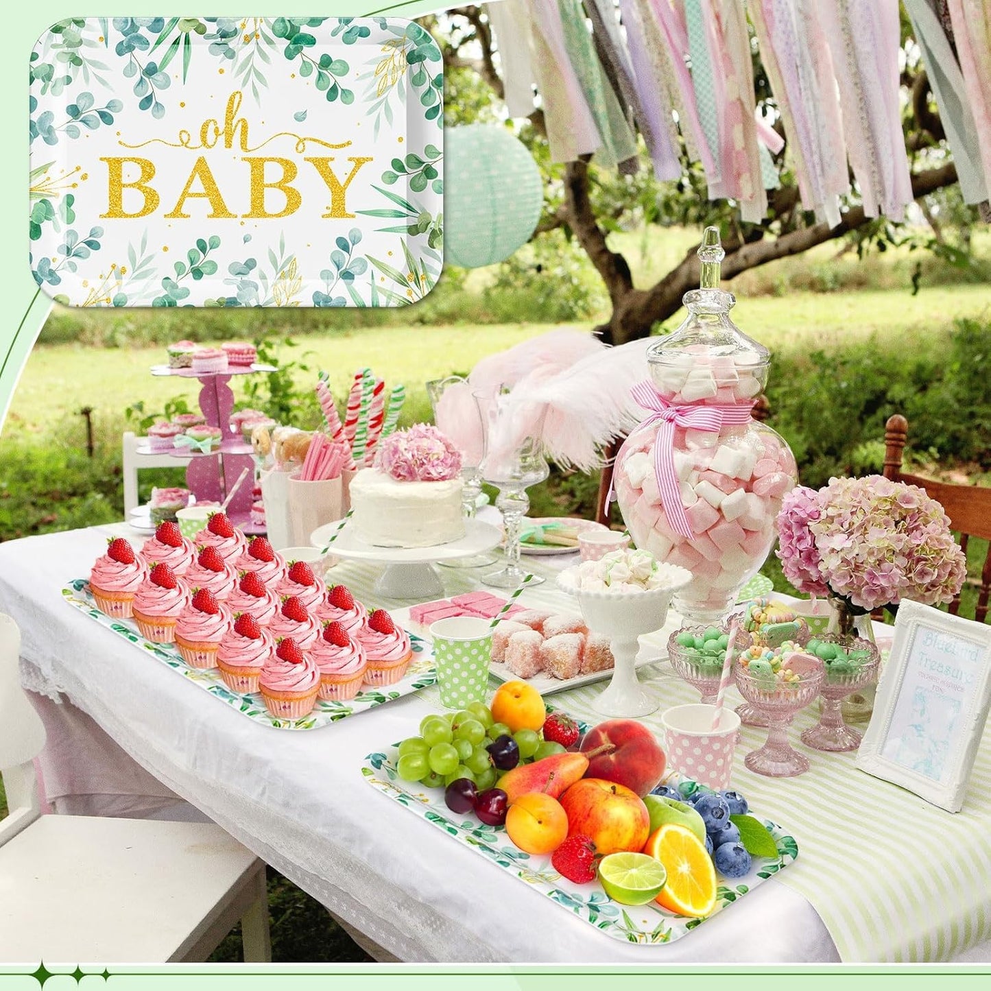 Greenery Baby Shower Serving Tray - 3 PCS Melamine Platters Sage Green Baby Shower Party Supplies 13" Eucalyptus Leaves Oh Baby for Gender Reveal Decorations Birthday Neutral Party Favors