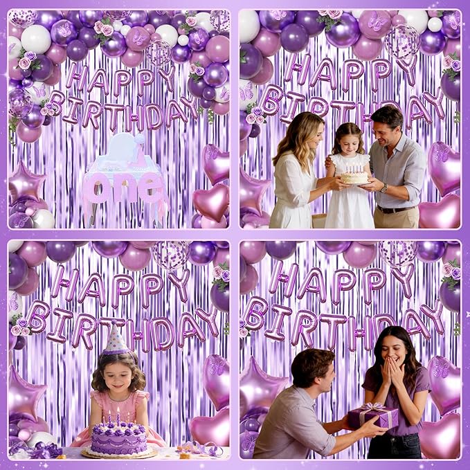 Purple Birthday Decorations for Women Girls, Metallic Dark Dusty Purple White Purple Foil Confetti Balloons Happy birthday Banner Purple Butterfly Fringe Curtains Birthday Decorations