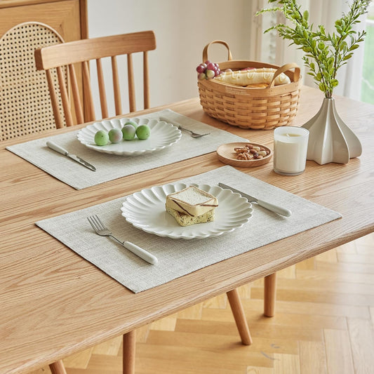 Softalker Faux Linen Placemats Set of 4-12 x 18 Inch, Heat Resistant Double Layered Durable Burlap Farmhouse Place Mats, Non-Slip Washable Rustic Table Mats for Dining, Kitchen, Party(Cream