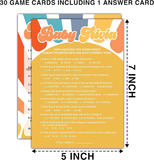 Boho Sunshine Baby Shower Games for Boy, 30 Baby Trivia Game Cards with 1 Answer Card, Gender Reveal Party Supplies Favors (5"x7") -A08