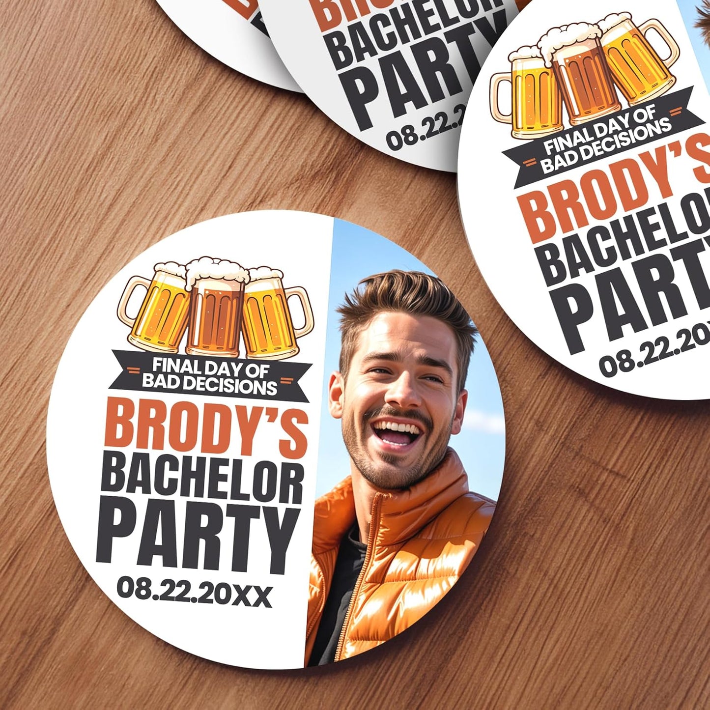 60 Pack Personalized Bachelor Party Coasters, Custom Cardboard Drink Coasters with Photo Print and Text, Fun Bachelor Party Favors and Gifts, 3.95" Round, Design 2