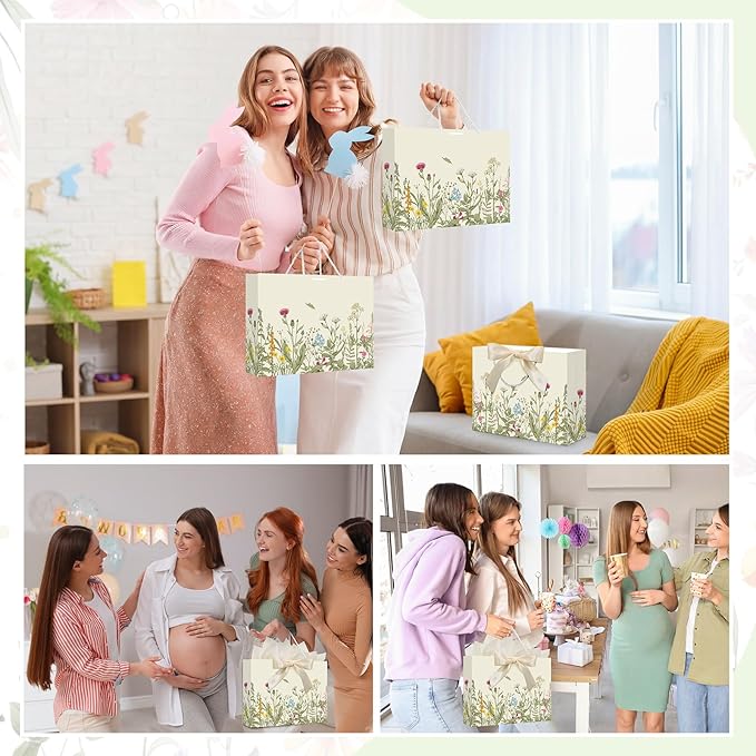 Maitys 12 Pack 13" Large Spring Wildflower Gift Bag Vintage Floral Paper Bags with Handles, Tissue Papers, Ribbons and Greeting Cards for Wedding Bridal Showers Birthday Baby Shower Party Decorations