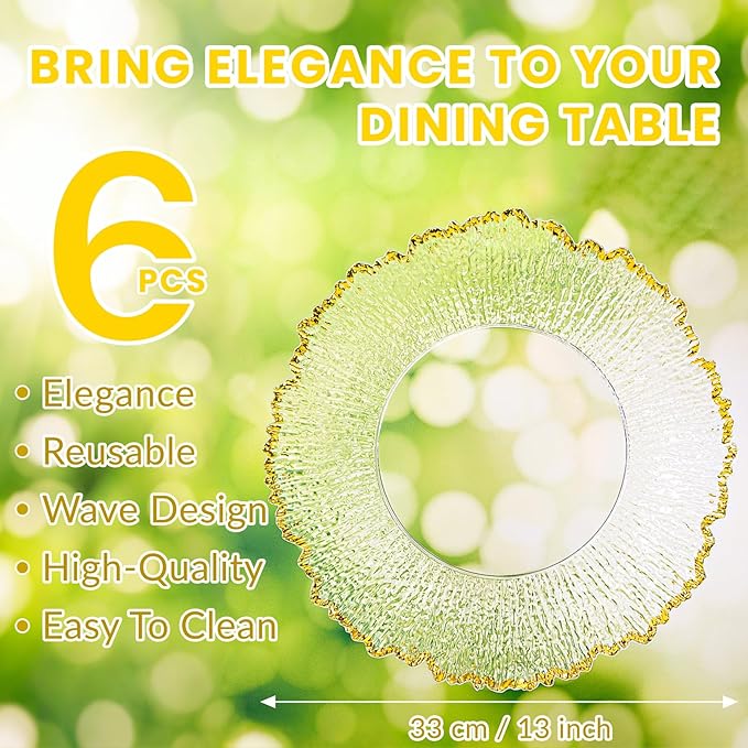 6pcs Clear and Gold Charger Plates Set 13inch,Gold Chargers Heavy Duty Wave Design,Chargers for Dinner Plates With Textured Suitable for Wedding Afternoon Tea,Spring,Valentine's Day
