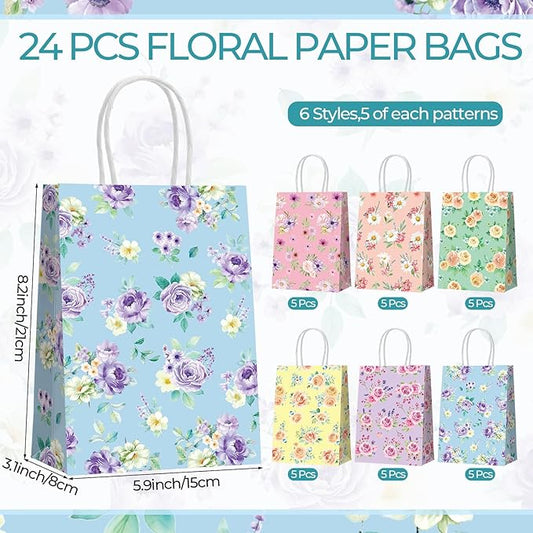 Resholder 30 Pcs Floral Paper Gift Bags with Handles Welcome Tea Party Favor Bags Spring Flower Goodie Gift Candy Treat Pouches for Wedding Bridal Shower Baby Shower Birthday Mother's Day Party