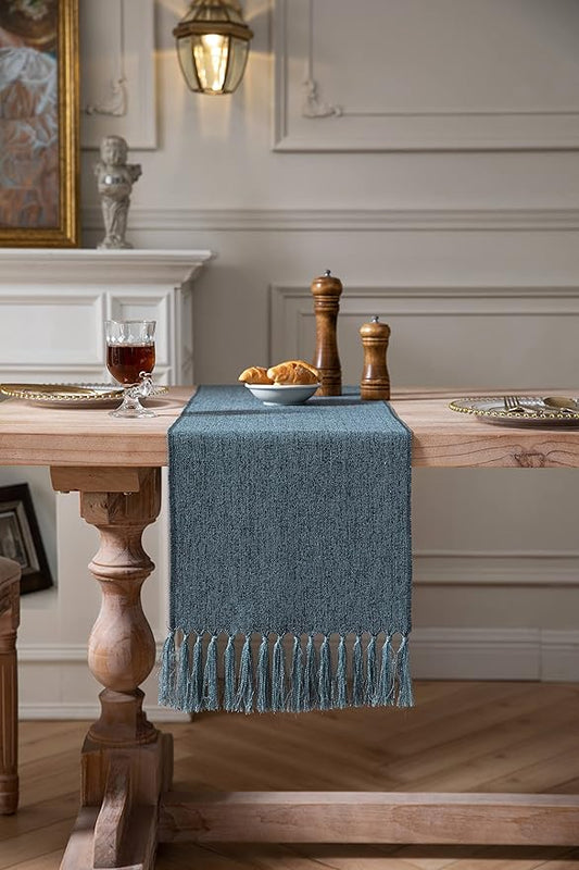 ZeeMart Blue Table Runners 90 Inches Long, Burlap Linen Style Rustic Farmhouse Table Runner, Long Boho Dining Table Runner, 13x90 Inches, Blue