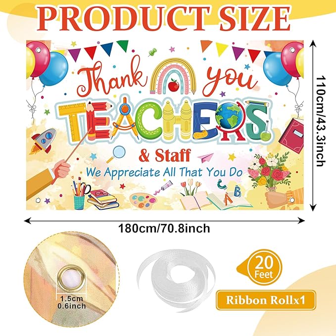 Happy Teacher Day Banner Teacher Appreciation Week Decorations Flag Outdoor 71x44 Inch School Classroom Backdrop,Thank You Teacher Gifts for Indoor Home Party Supplies,Yard Sign Photography Background