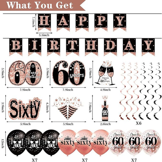 60th Birthday Decorations for Women, 33pcs Black Rose Gold Happy 60th Birthday Banner Crown and Sash Balloons Backdrop Hanging Swirls Paper Fans, 60 Years Old Party Supplies Kit