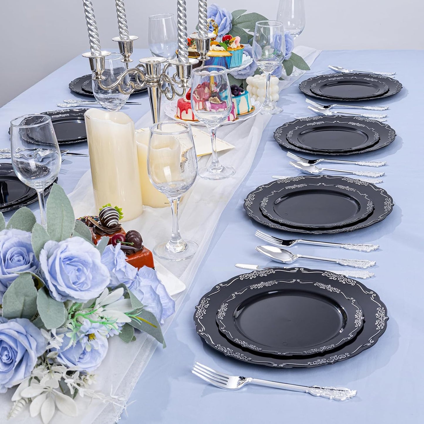 DaYammi 60PCS Black and Silver Plastic Plates, Heavy Duty Black and Silver Disposable Plates Premium 7.5 inch Dessert Cake Salad Appetizer Plates Hard Plastic Plates Disposable for Halloween Party