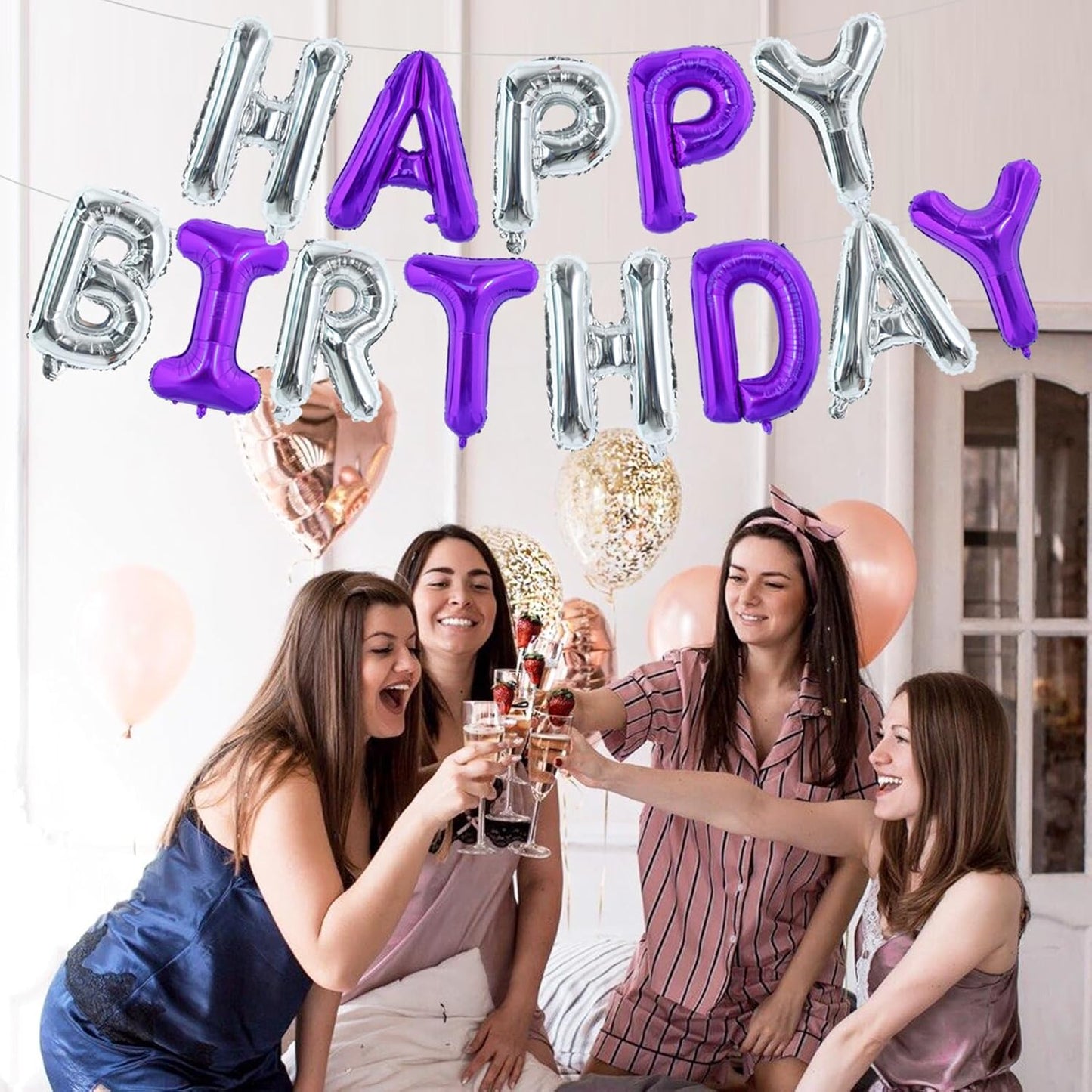 TONIFUL Happy Birthday Balloons with Ribbon Straw, 16 Inch Mylar Letters Balloons Sign Banner Bunting Reusable for Girls Boys Kids & Adults Party Decorations Supplies(Purple Silver)