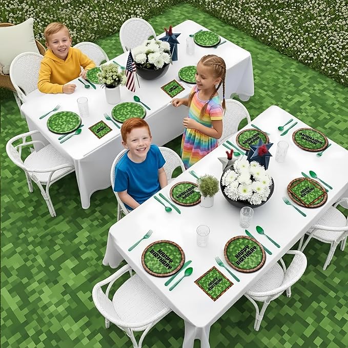 168Pcs Pixel Birthday Decorations, Includes Plates Napkins Cups Knives Forks Spoons, Pixel Party Decorations, Serve 24