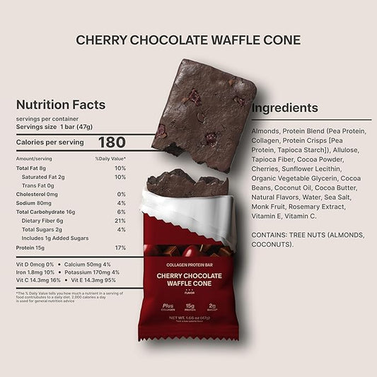 Stars + Honey Protein Bars - Cherry Chocolate Waffle Cone, 15g Protein, 2g Sugar, w/Collagen Keto Friendly Snack - Gluten, Dairy, Seed Oil, & Soy Free - High-Protein Snacks for Energy -10 pack
