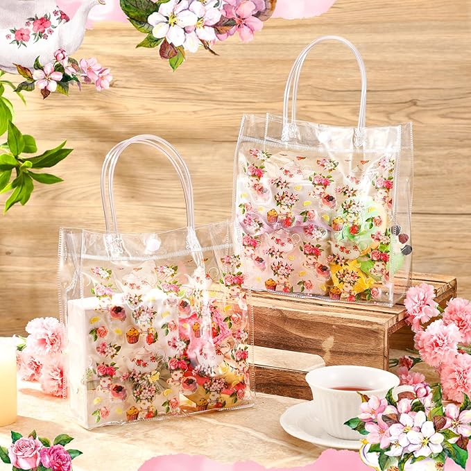 Tioncy 24 Pcs Tea Party Gift Bags Tea Party Clear PVC Gift Bags Decorations Floral Teapot Goodie Treat Bags with Handles for Birthday Goody Wedding Events Favors Supplies