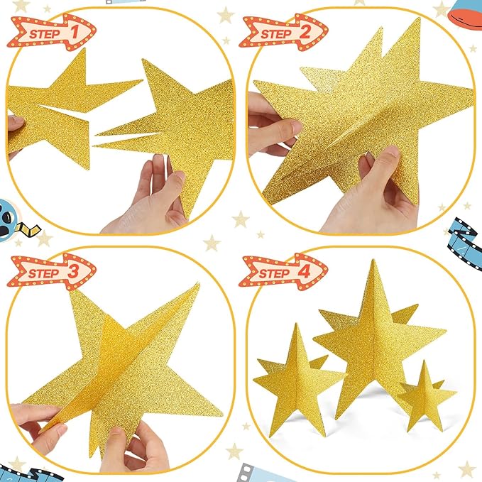 70 Pcs Star Centerpieces for Movie Night Party Decorations 3D 2025 Graduation Table Decor 3 Sizes 8" 5" 3" Red Carpet Film Show Theme Birthday Party Back to School Table Decor (Gold)