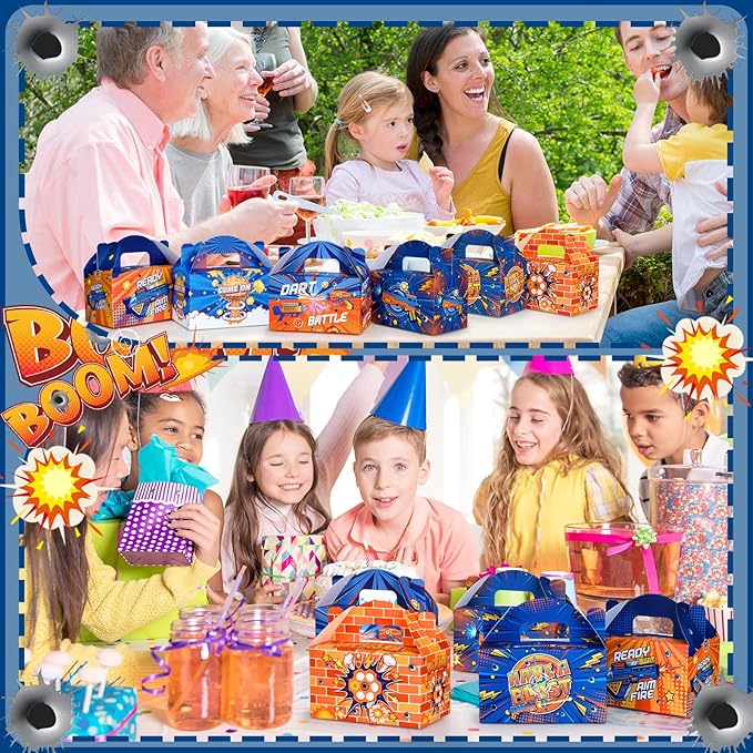 24 Pcs Dart Party Favors Gift Boxes Goodie Candy Treat Cookie Boxes Halloween Candy Containers with Handles for Dart Gun Theme Birthday Party Gift Wrapping