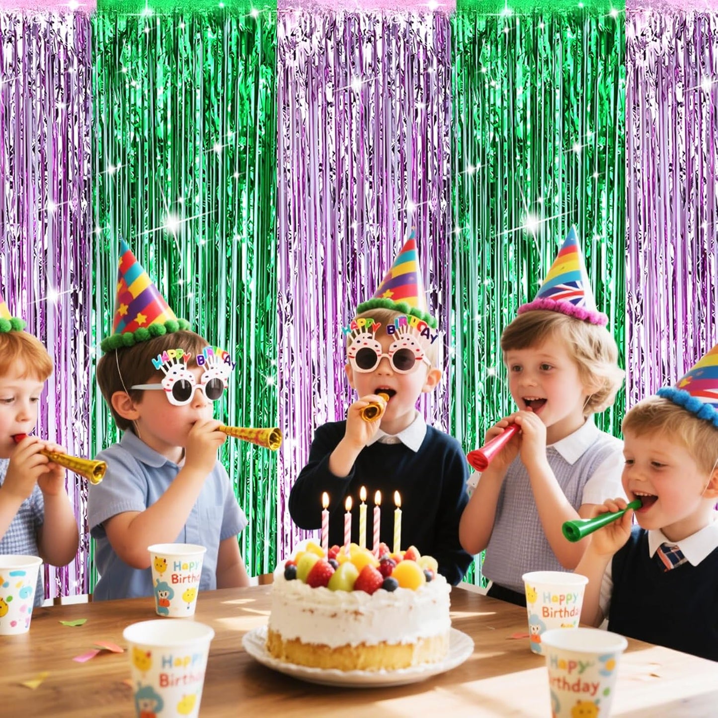 4Pcs Green Pink Backdrop Party Decorations,Tinsel Foil Fringe Curtains,Straight Shiny Foil Fringe Backdrop Curtain,Photo Booth Streamers Party Decorations for Birthday Wedding,3.2ft × 6.6ft