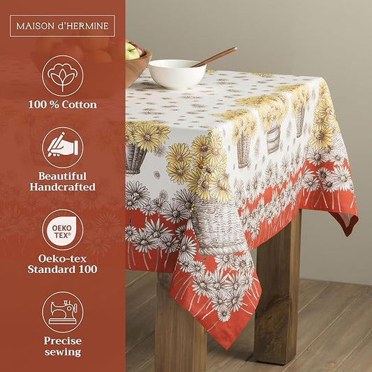 Maison d' Hermine Table Cloth Rectangle Table 100% Cotton 60 x 120 Inches Fall Tablecloth Reusable Everyday Use for Thanksgiving Christmas Decorations Dining Farmhouse Party (Bagatelle)