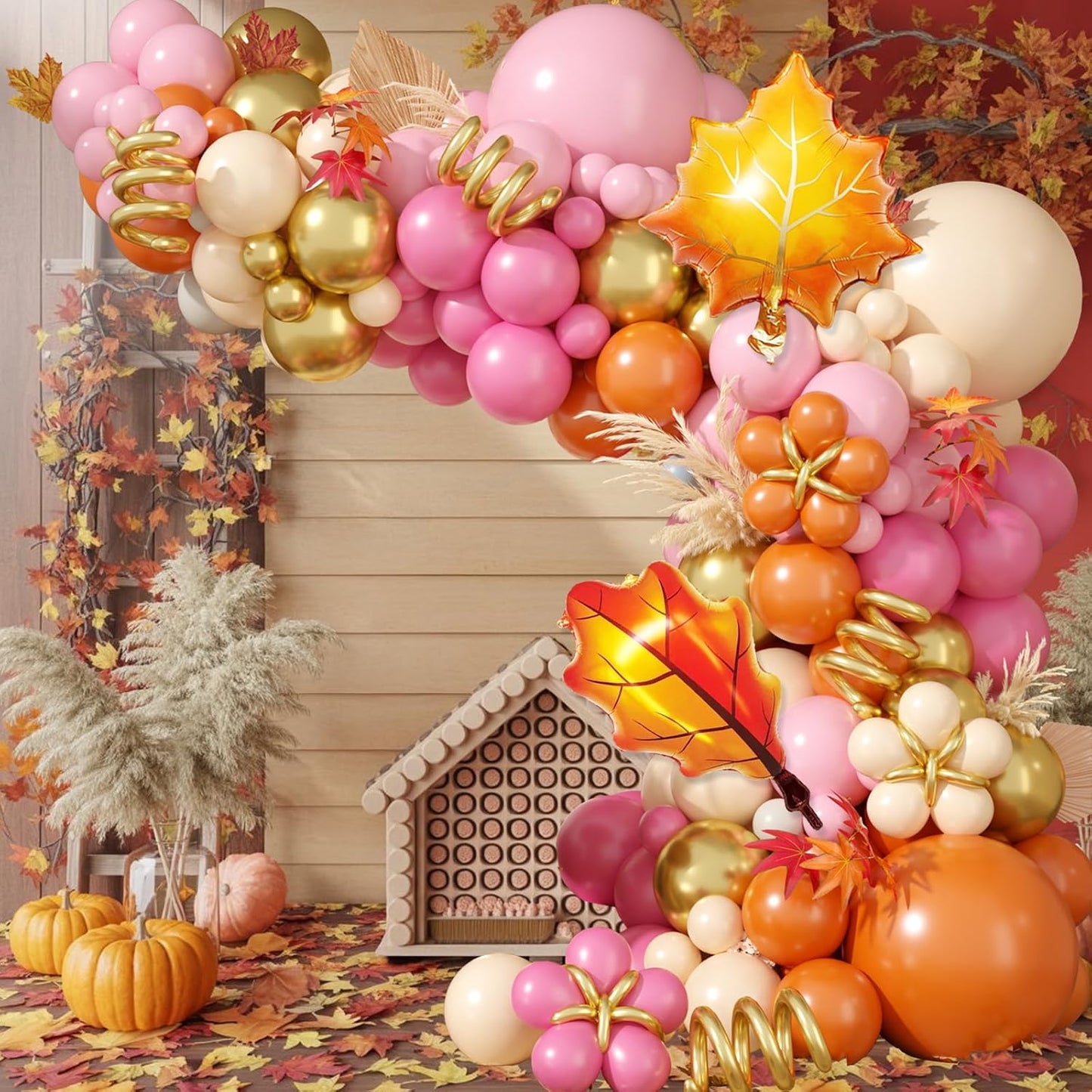 Fall Balloon Arch Kit, Thanksgiving Balloon Garland with Hot Pink Orange Gold Balloons with Leaf Foil Balloons for Thanksgiving Autumn Fall Birthday Baby Shower Party Decorations