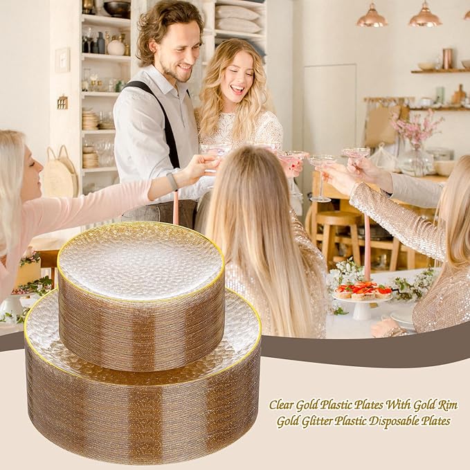 Rubtlamp 60Pcs Clear Gold Plastic Plates, Gold Glitter Disposable Plates, Hammered Plastic Plates Included 30 Dinner Plate And 30 Dessert Plates for Party
