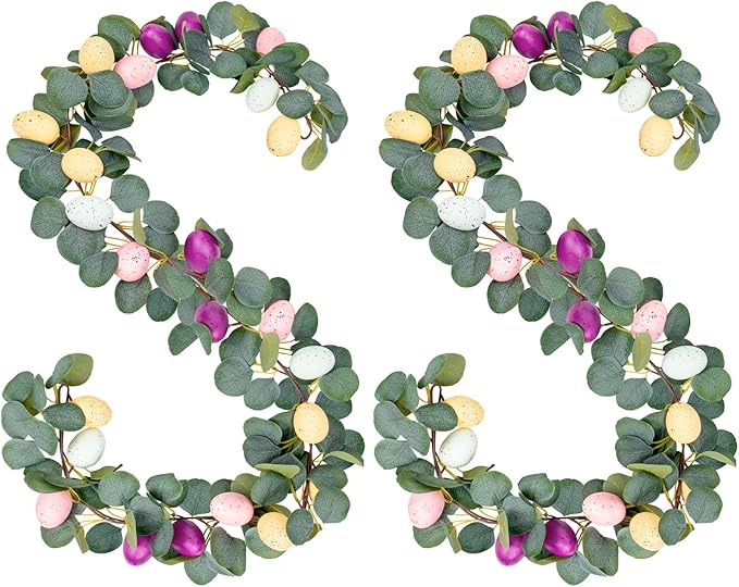 MAKHOT 2PCS 6.6Ft Easter Garland for Mantle Fireplace, Green Vines and Artificial Colored Eggs Garland Easter Decor for Home Indoor