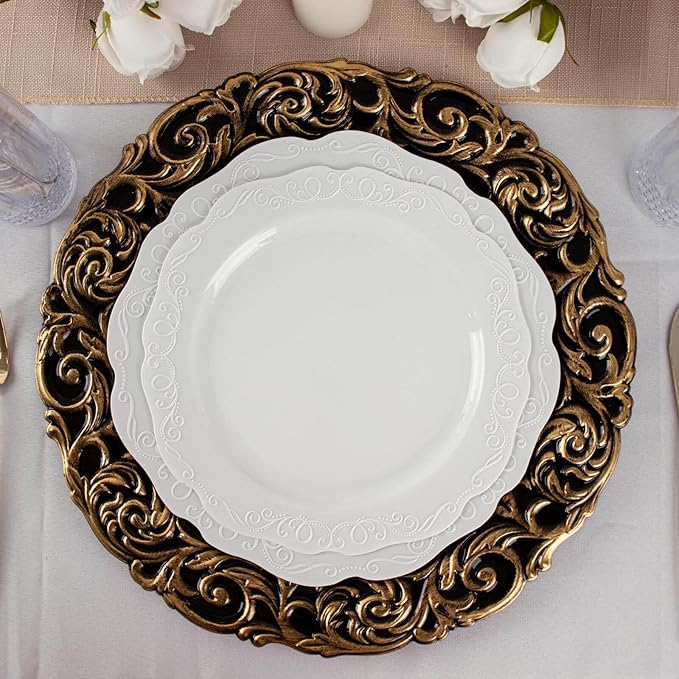 Efavormart Set of 6 Black/Gold 14" Round Plastic Charger Plates With Engraved Baroque Design Rim For Wedding Party Events