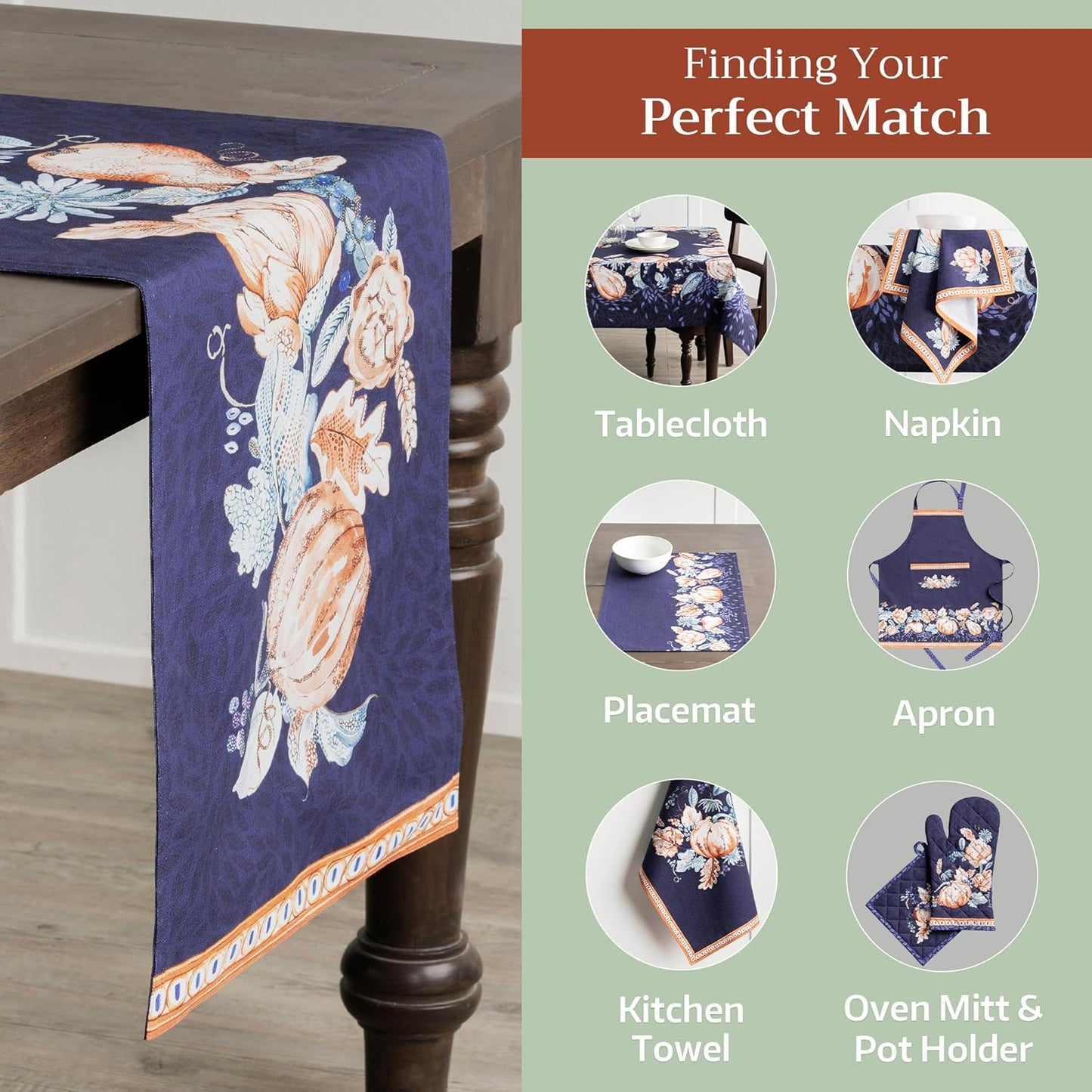 Maison d' Hermine Table Runner 100% Cotton Double Layer Table Runners 72 inches Long for Thanksgiving Christmas Decorations Home Kitchen Dining Party Wedding (Pumpkin Blues, 14.5" x 72")