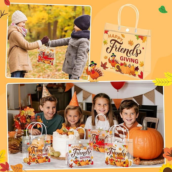 H1vojoxo Friendsgiving Party Gift Bags - 24PCS Happy Friendsgiving Clear PVC Gift Bags with Handle Reusable Thanksgiving Goodie Treat Candy Tote Bag Turkey Pumpkin Maple PVC Tote Bag for Party Decor