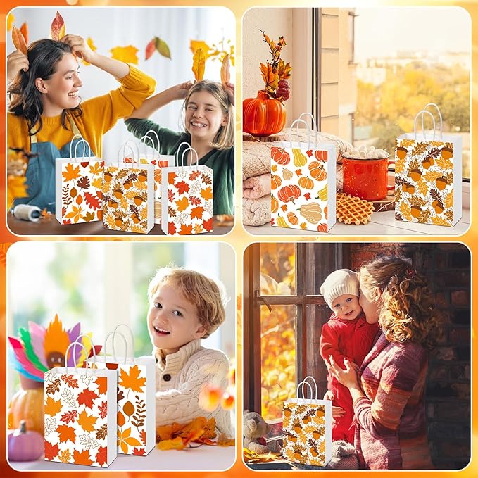 Glenmal 24 Pcs Fall Thanksgiving Gift Goodie Bags Bulk Maple Leaf Pumpkin Kraft Bags with Handles for Thanksgiving Autumn Party Favors Birthday Party Favors Supplies