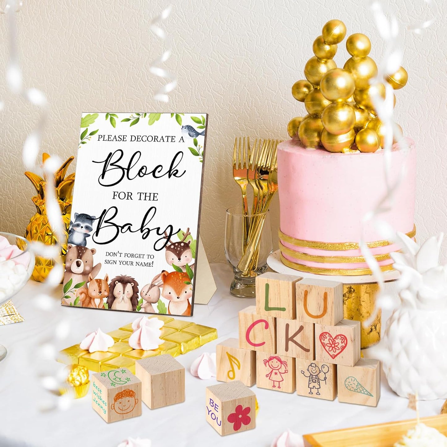 Tatuo 75 Pcs Baby Shower Games Sign Kit Including Decorate a Block Game Sign 50 DIY Wooden Block 24 Acrylic Paint Marker Baby Shower Prize for Gender Reveal Party(Woodland)
