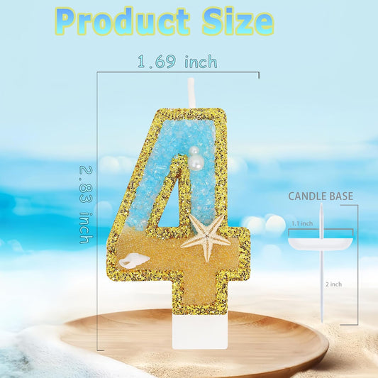 Ocean Number 4 Candle, Glitter Gold Beach Starfish Cake Topper, Tropical Ocean Princess Birthday Decorations for Party Supplies Wedding Anniversaries
