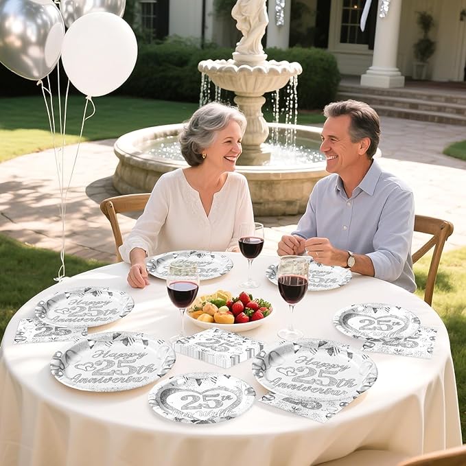 Grencian 96Pcs 25th Wedding Anniversary Decorations Cheer to 25 Years Party Plates and Napkins Silver Glitter Tableware for Couple Husband Wife Silver Wedding Anniversary Decorations Serves 24