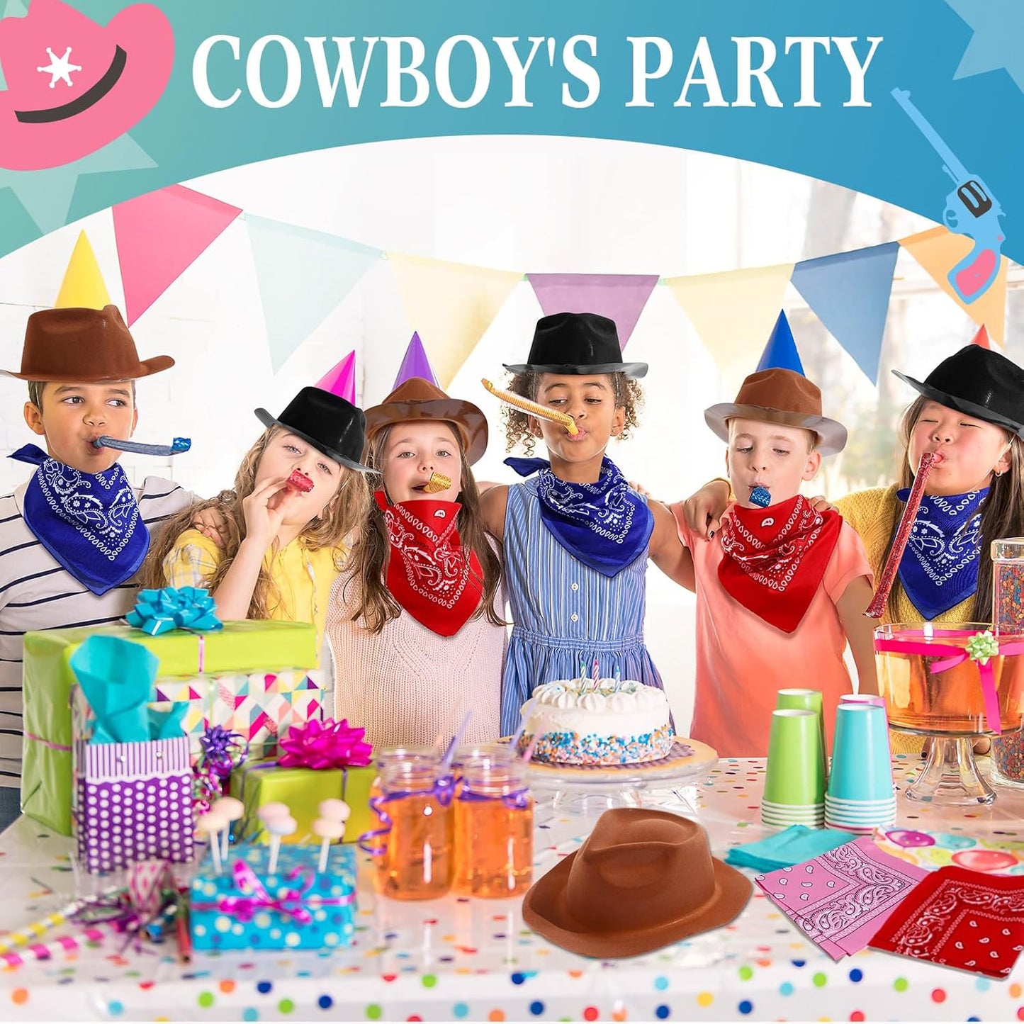 Hillban 72 Pcs Western Cowboy Hat and Paisley Bandana Set for Kids Felt Cowboy Party Hats for Costume Party Favors(Black, Brown)