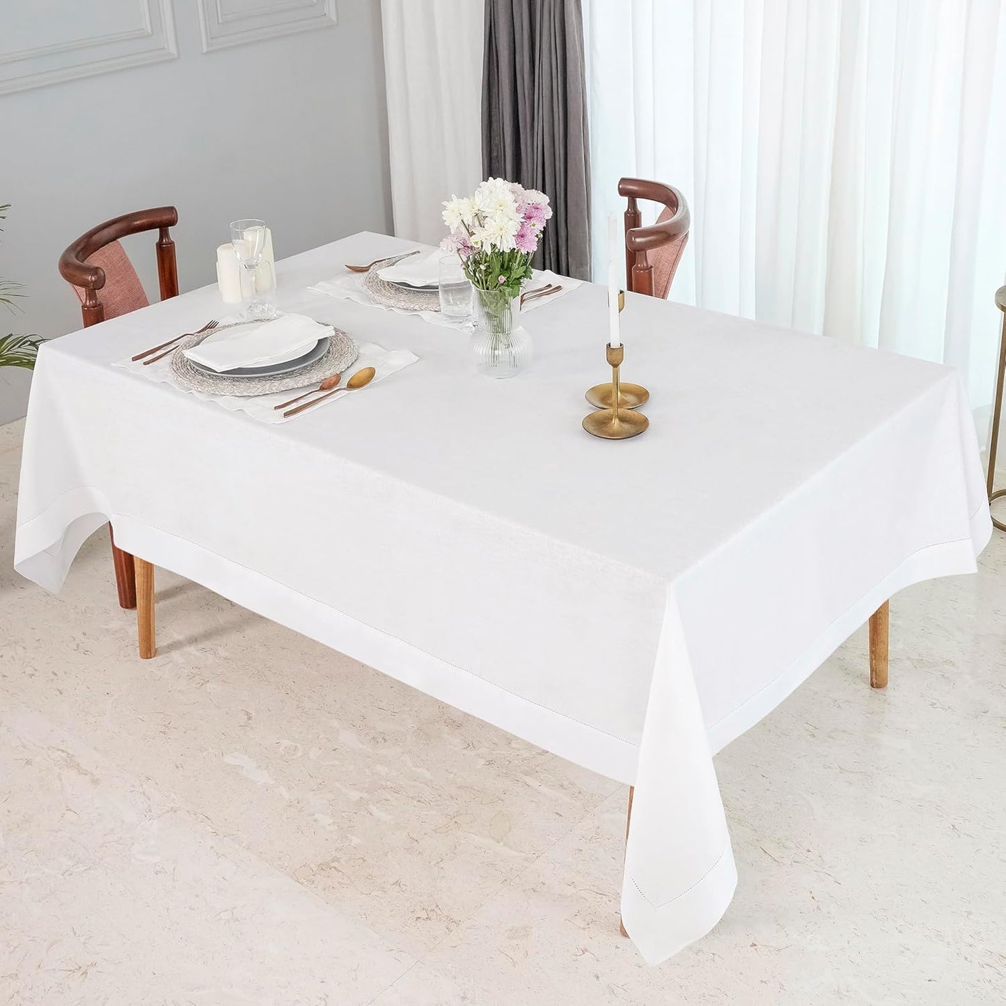 D'Moksha Homes White Linen Tablecloth for Rectangle Tables 60 x 144 Inch - 100% Pure Linen White Table Cloth - Classic Hemstitch, Machine Washable Dining Tablecloth for Thanksgiving, Christmas