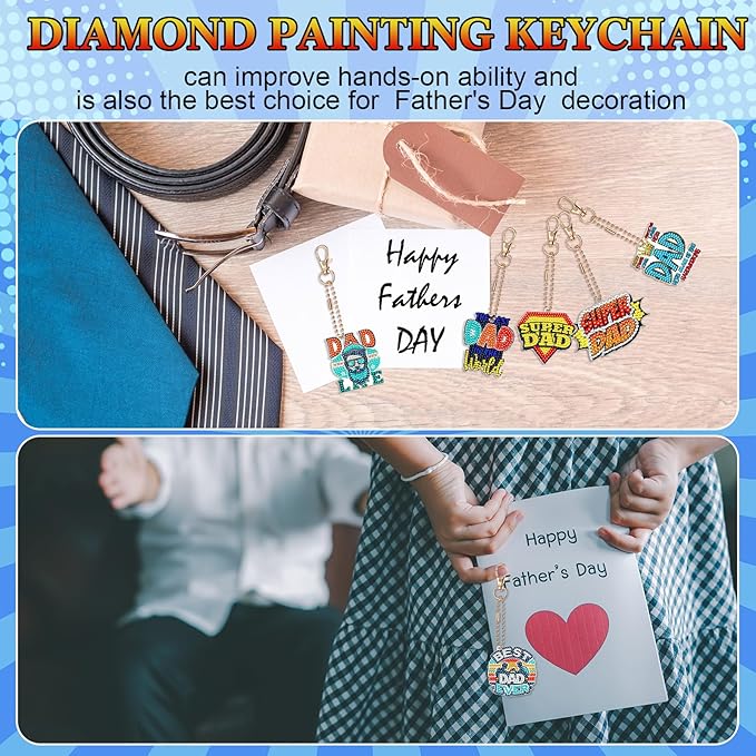 Huquary 24 Sets Father's Day Diamond Art Keychains Kits 5D Dad Diamond Art Keyrings Charm Pendants for Adults Dad DIY Craft Gifts for Father's Day Daddy Birthday Party Favors Bags Decor