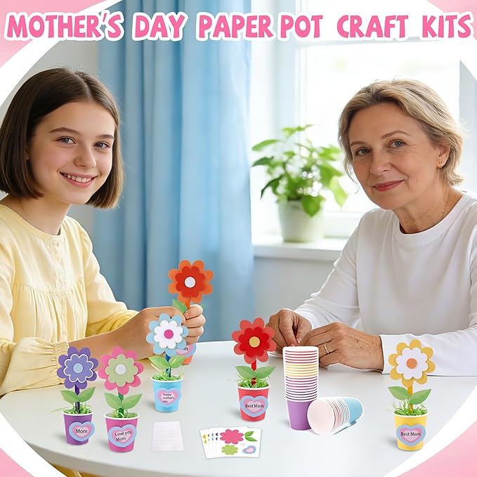 FULAIERGD 30 Packs Mother's Day Flower Paper Pot Craft Kits Make Your Standing Spring Flower Craft Kits Paper Cup Arts Crafts Decorations for Mom Fun DIY Decor Home Art Activities