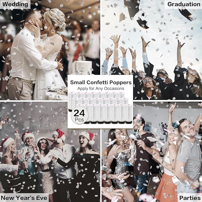 Confetti Cannon 24 Pack Small Silver Confetti Poppers ideal for Weddings, Birthdays, Graduations, Baby Showers, New Year's Eve Parties Fun Party Decorations