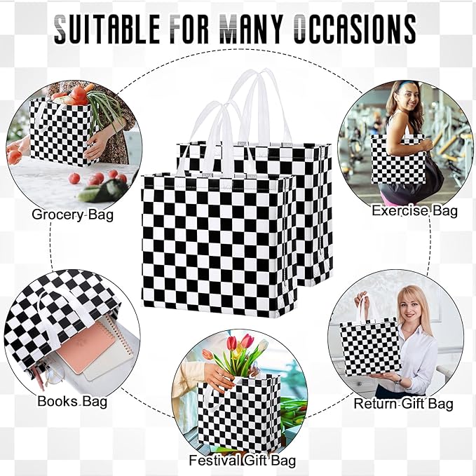 Abbylike 30 Pack Checkered Racing Race Car Gift Bag Bulk Large Goodie Bag Black White Non Woven Tote for Car Birthday Party