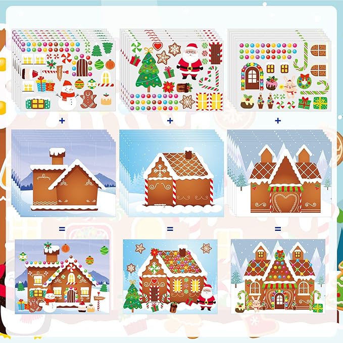 Frienda 96 PCS Christmas Gingerbread House Stickers Kit Winter Make a Gingerbread House Stickers Bulk 48 Set DIY Arts Crafts for Xmas Decoration Christmas Party Favors Home Game Activities