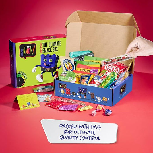 I AM Snacky - Halloween Trick or Treats Snack Box Variety Pack Care Package + Greeting Card - SNACKY'S PARTY PACK (100 Count) Birthday Sweet Treats Gift Basket, Candies Chips, Office Food Assortments