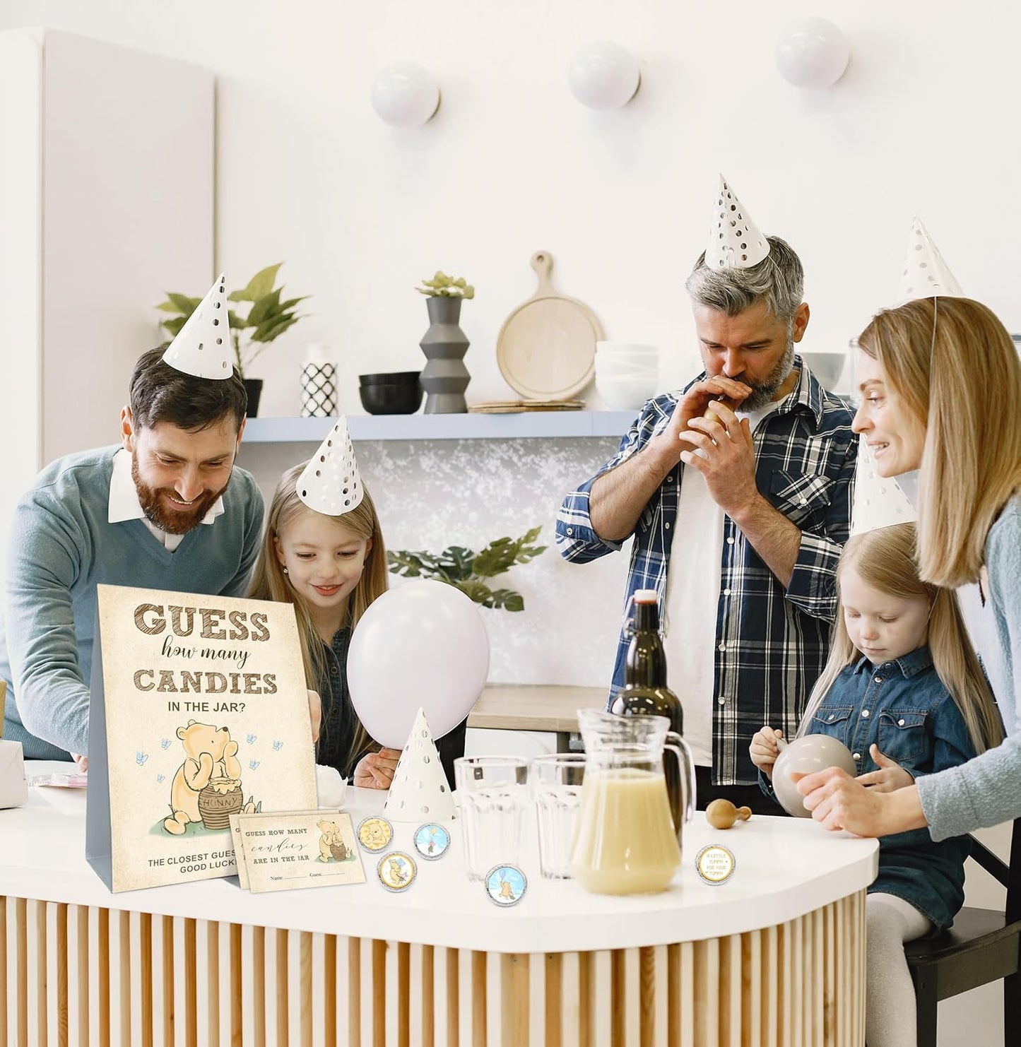 Winnie the Pooh Baby Shower Games - Guess How Many Candies Standing Sign, 50 Guessing Cards, 180 Stickers