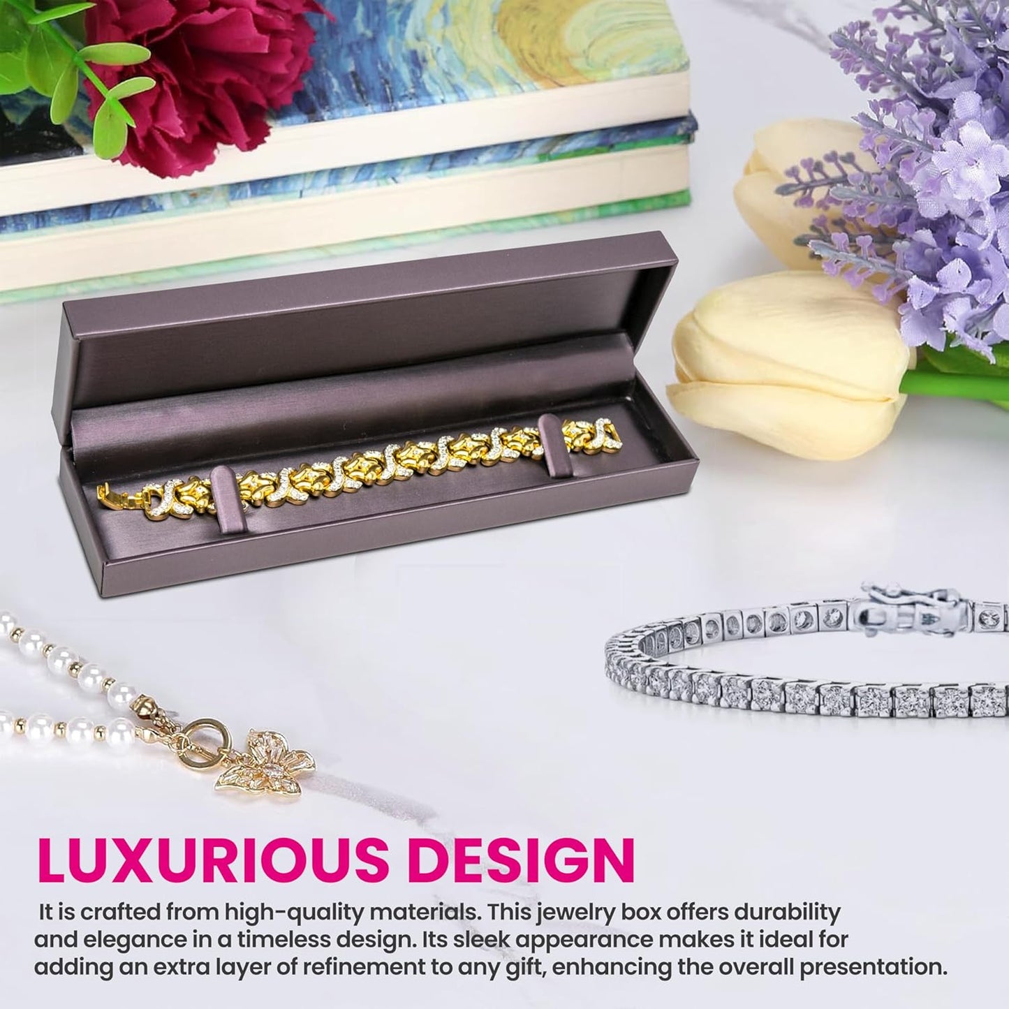 Novel Box Purple Jewelry Box for Bracelet 8.87x2.25x1.5 Inches - Bracelets Gift Box for Proposal Wedding Engagement - Faux Leatherette Jewelry Display Box - Gift Presentation Boxes for Bracelets