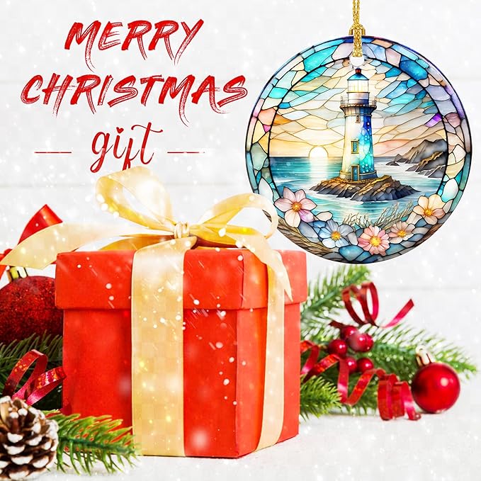 Stained Ceramic Lighthouse Ornament - Christmas Tree Ornaments - Christmas Decorations - Lighthouse Decor for Office, Room, Home - Holiday Present Ideas