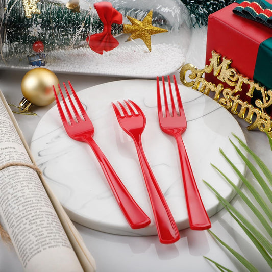 WDF 100 Red Christmas Forks - 7.4inch Heavy Duty Disposable Plastic Cutlery for Dessert Cake, Christmas or Daily Use