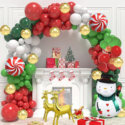 183Pcs Christmas Balloon Garland Arch Kit with Red Gold Green White and Xmas Gingerbread Candy Cane Lollipop Sled Reindeer Foil Balloons for Christmas Party New Year Decorations Supply