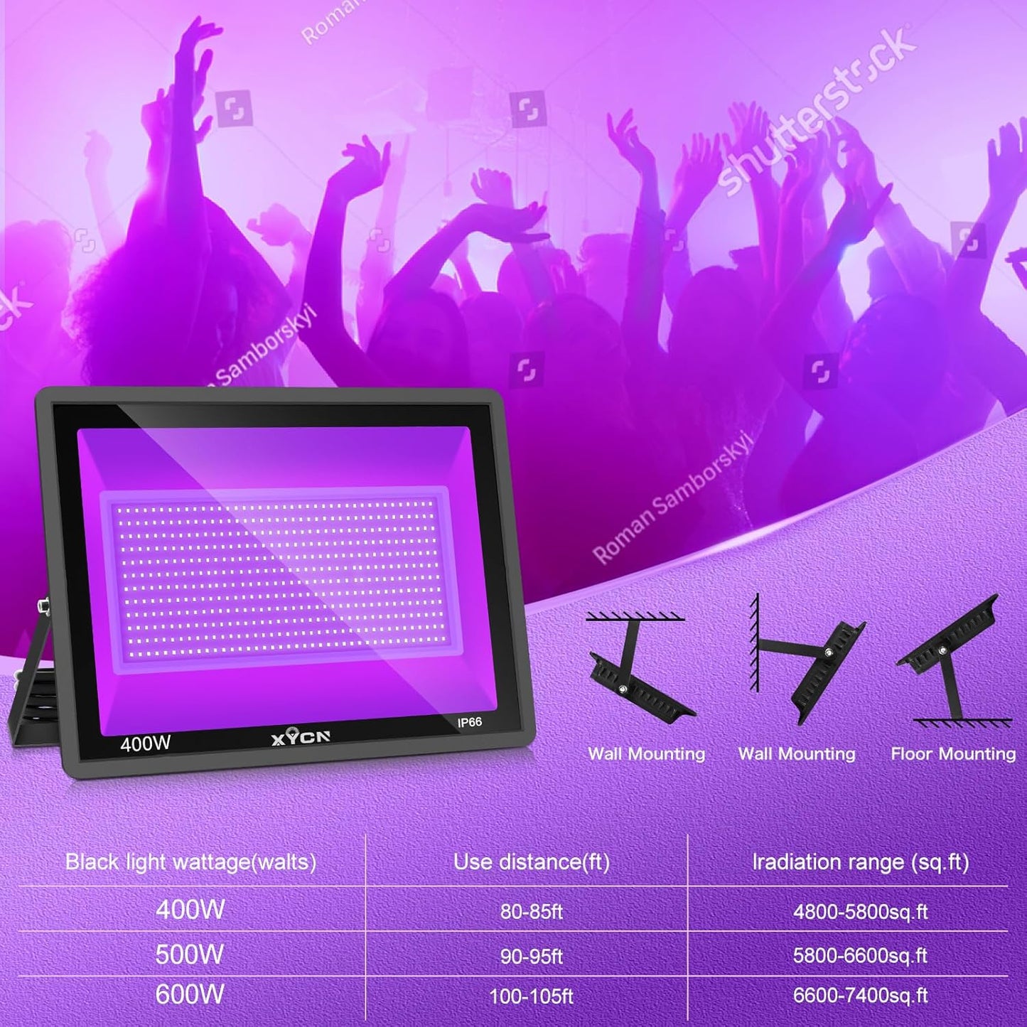 4 Pack 400W LED Flood Black Lights,395nm to 405nm UV Outdoor Flood High Power Blacklight Light with Plug in, IP66 Waterproof Large Black Light Spotlight for Glow Party Large Space, Halloween