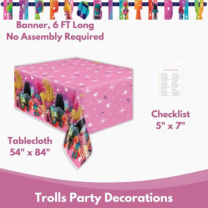 Trolls Birthday Party Decorations for 16 - Bundle with Trolls Plates and Napkins, Tablecloth, Banner, Checklist - Party Supplies - Officially Licensed