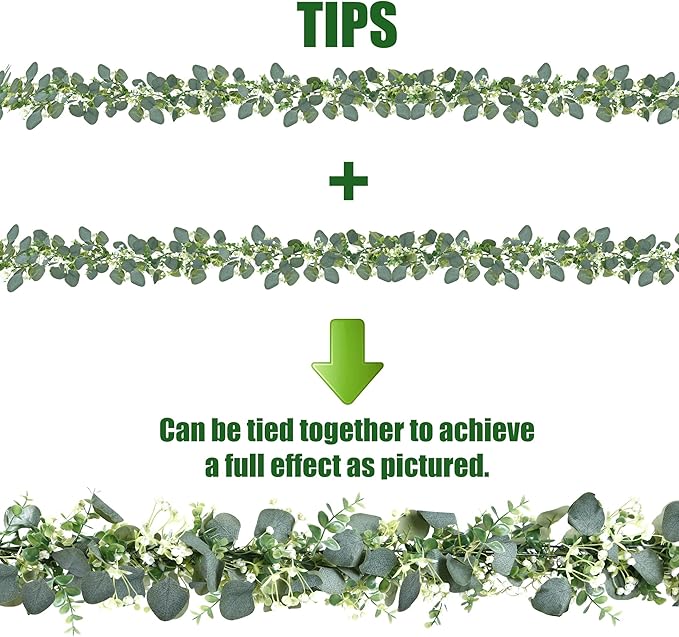 Sggvecsy 2 Pack Artificial Eucalyptus Garland Eucalyptus Leaves Vines Greenery Garland Faux Silver Dollar Eucalyptus Leaves for Table Party Wedding Indoor Outdoor Home Mantle Wall Decor