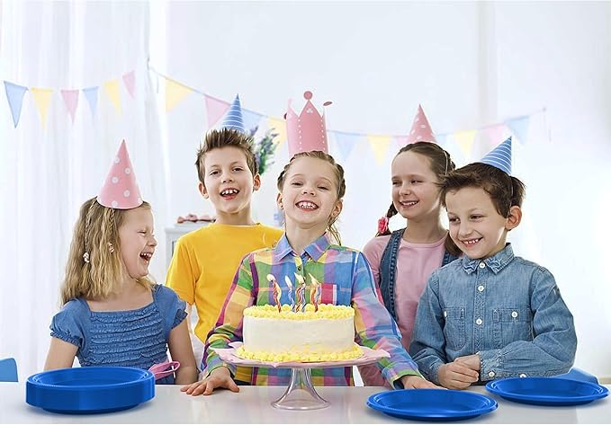 Party Solids Dark Blue Plastic Plates For Party Supplies, Dark Blue Disposable Plates 100 Pieces - 50-7" & 50-9" Heavy Duty 350 GSM Disposable Dinnerware Sets, Plastic Dinnerware Sets
